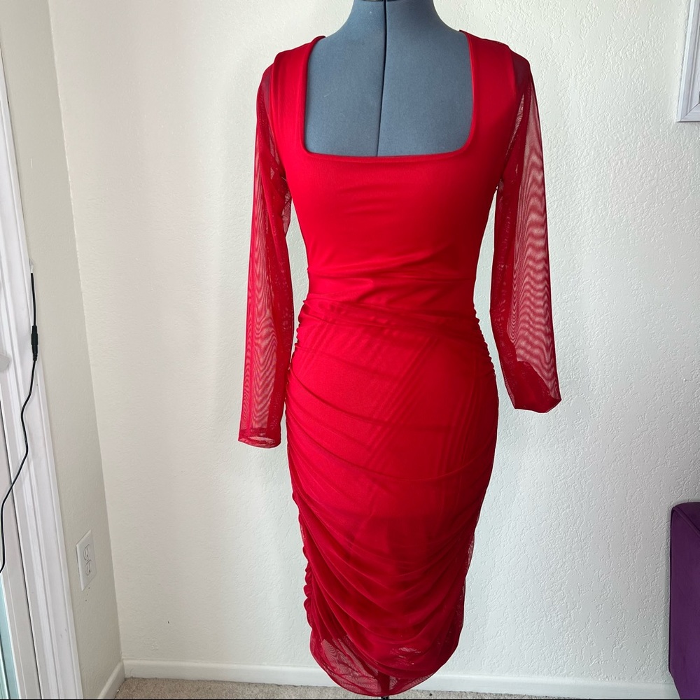 Red mesh dress with ruching